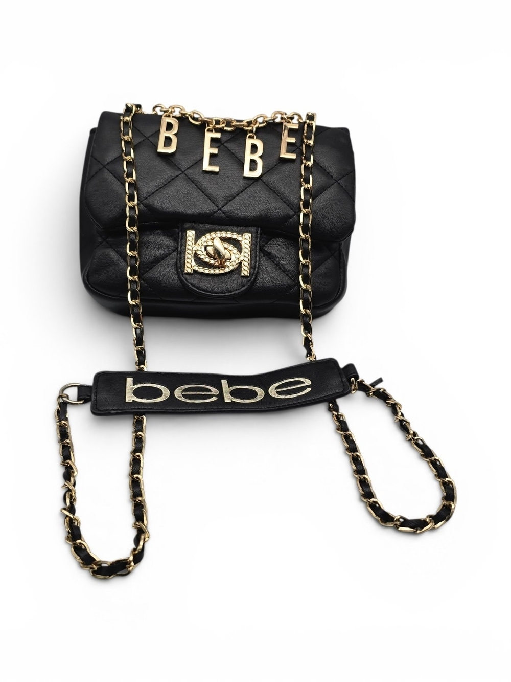 bebe Black Quilted Crossbody Bag with Gold Chain and Logo